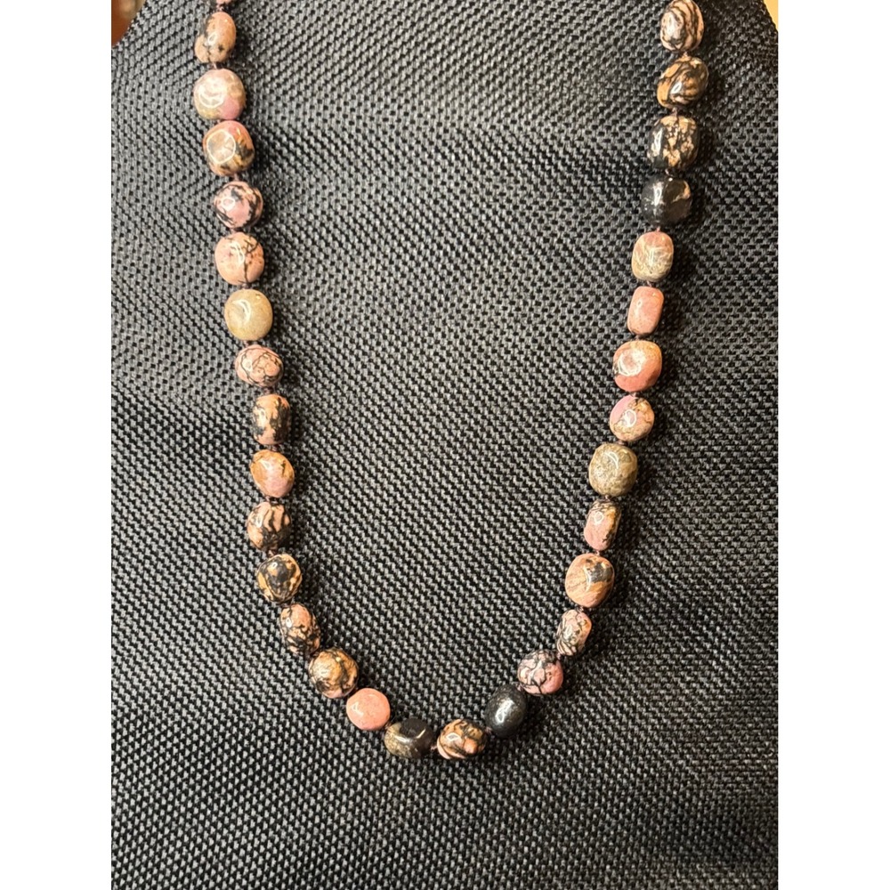 Natural Rhodonite Knotted Bead Necklace Pink Black Stone Lobster Clasp 18.5-20in
